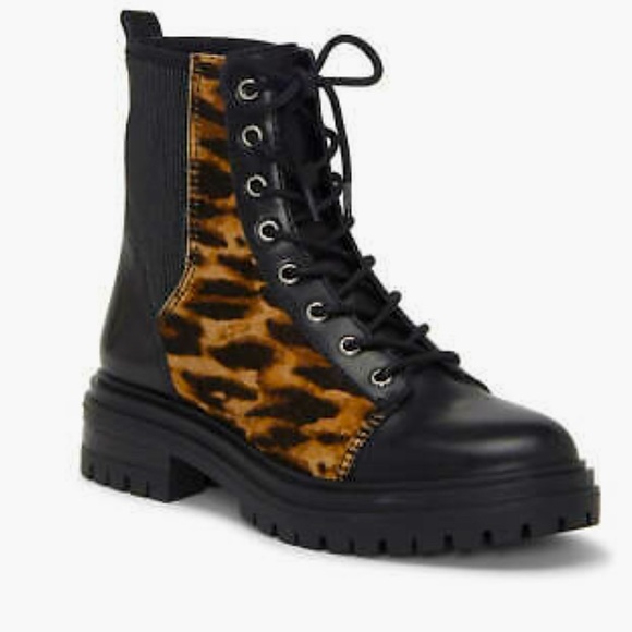✅New! Vince Camuto Bestenda3 Leather Lace-Up Combat Boot BLACK Leopard - Picture 1 of 6